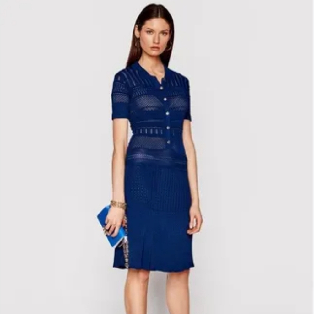 Guess Marciano Blue Knit Dress XS Sheer Pointelle Bodycon Midi Collared Desig